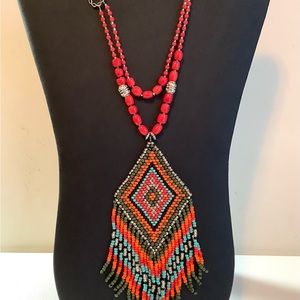 Handmade beadweaving pendant with coral stones